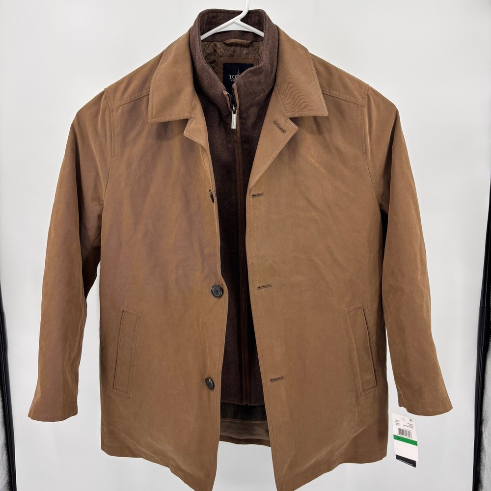 Tower by London Fog Car Coat Mens Large British Khaki NEW Layered Bib Jacket